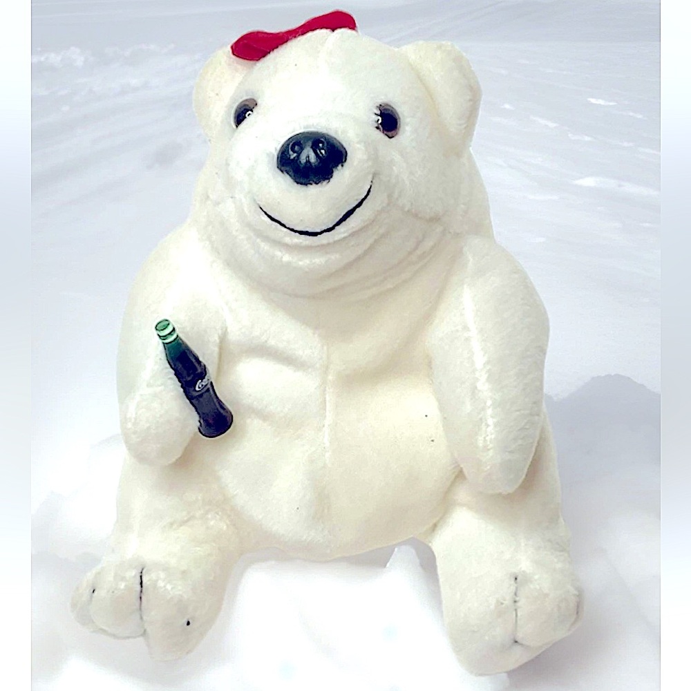 ♥️PLUSH♥️ 1998 RED HAIR BOW COCA~COLA BOTTLE HOLDING BEAN BAG POLAR BEAR EUC